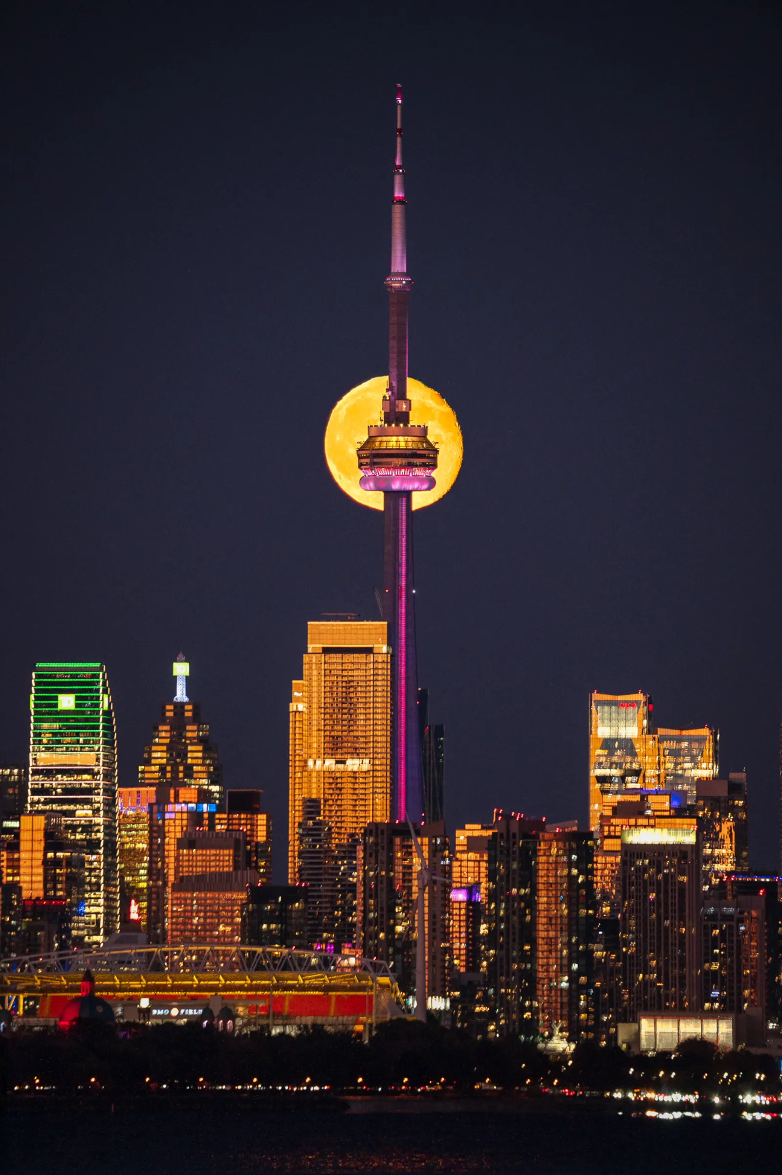 Moon rise and CN Tower alignment over Toronto skyline by Michele Thompson